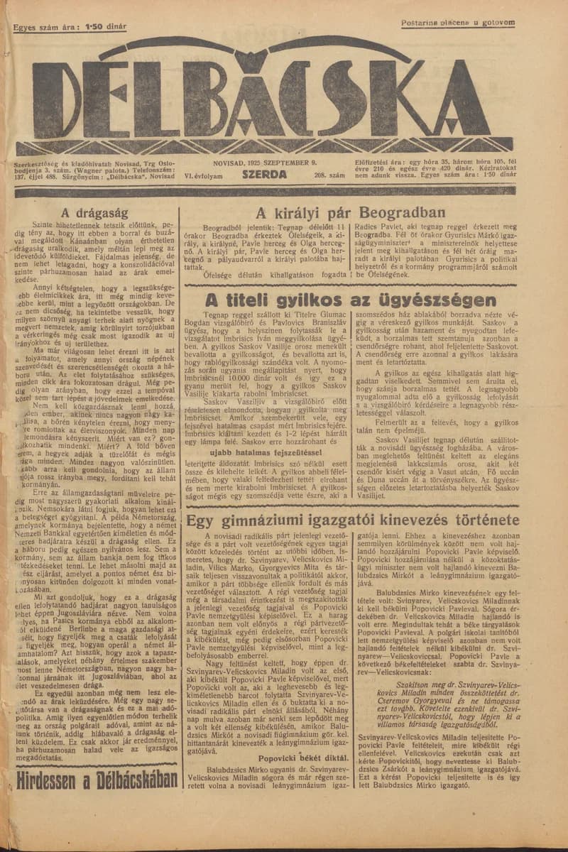 Délbácska, 6. évf. 1925. szeptember 9. 208. sz.