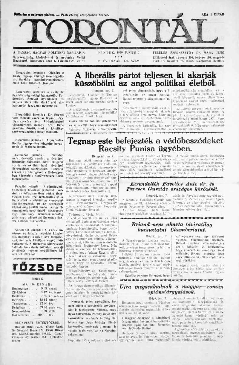 Torontál, 58. évf. 1929. június 7. 129. sz.