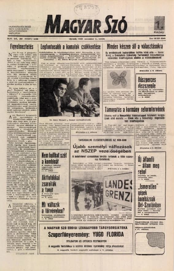 Magyar Szó, 46. évf. 1989. november 8. 307. sz. 1–16. oldal
