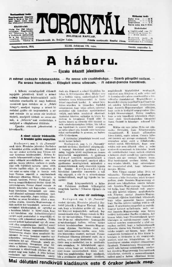 Torontál, 43. évf. 1914. augusztus 5. 176. sz.