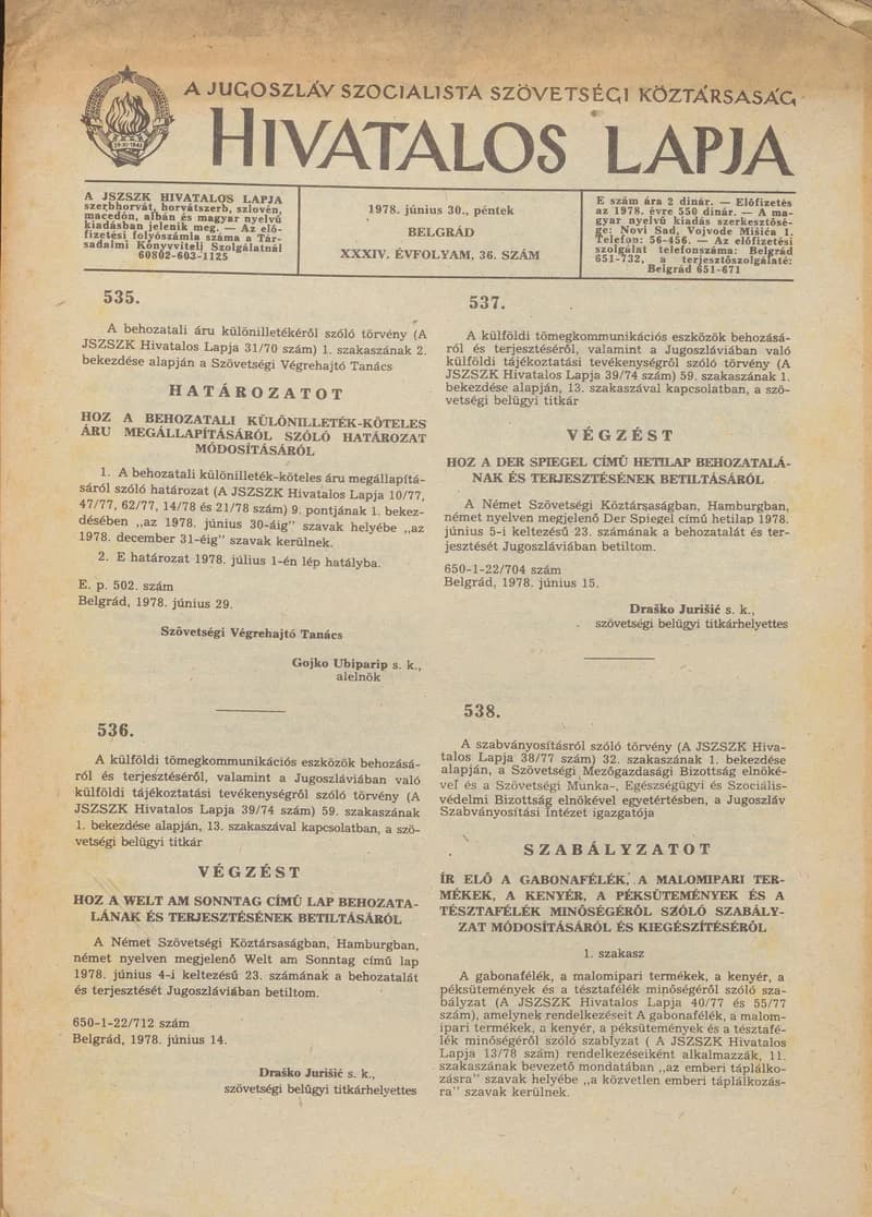 A Jugoszláv Szocialista Szövetségi Köztársaság Hivatalos Lapja, 34. évf. 1978. június 30. 36. sz. 1741–1748. oldal