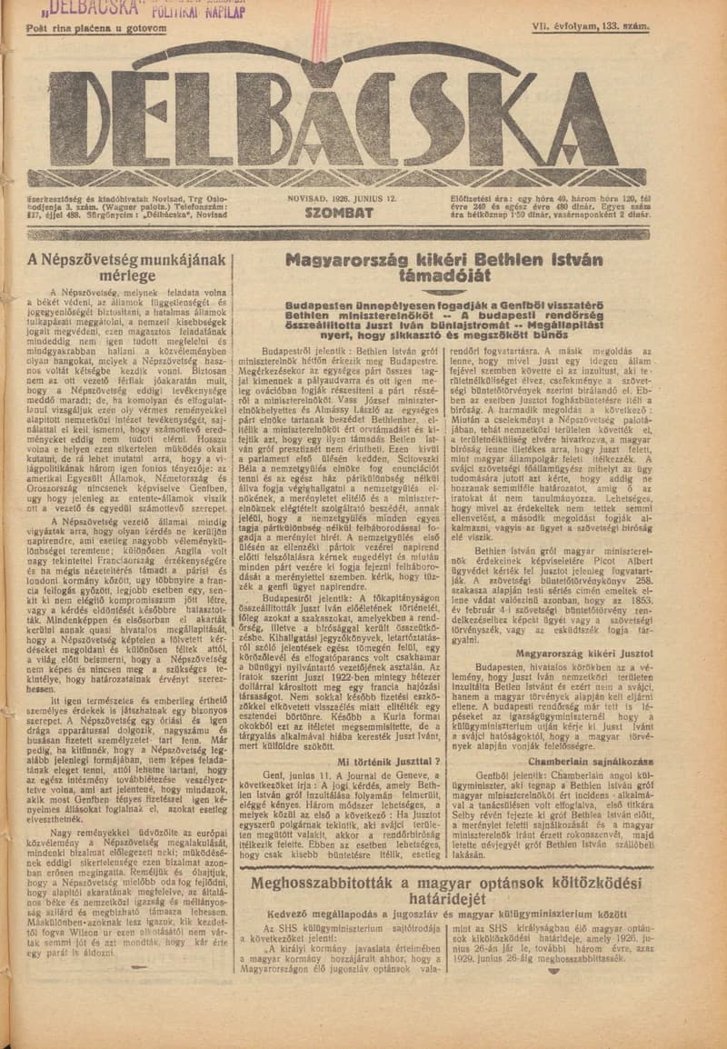 Délbácska, 7. évf. 1926. június 12. 133. sz.