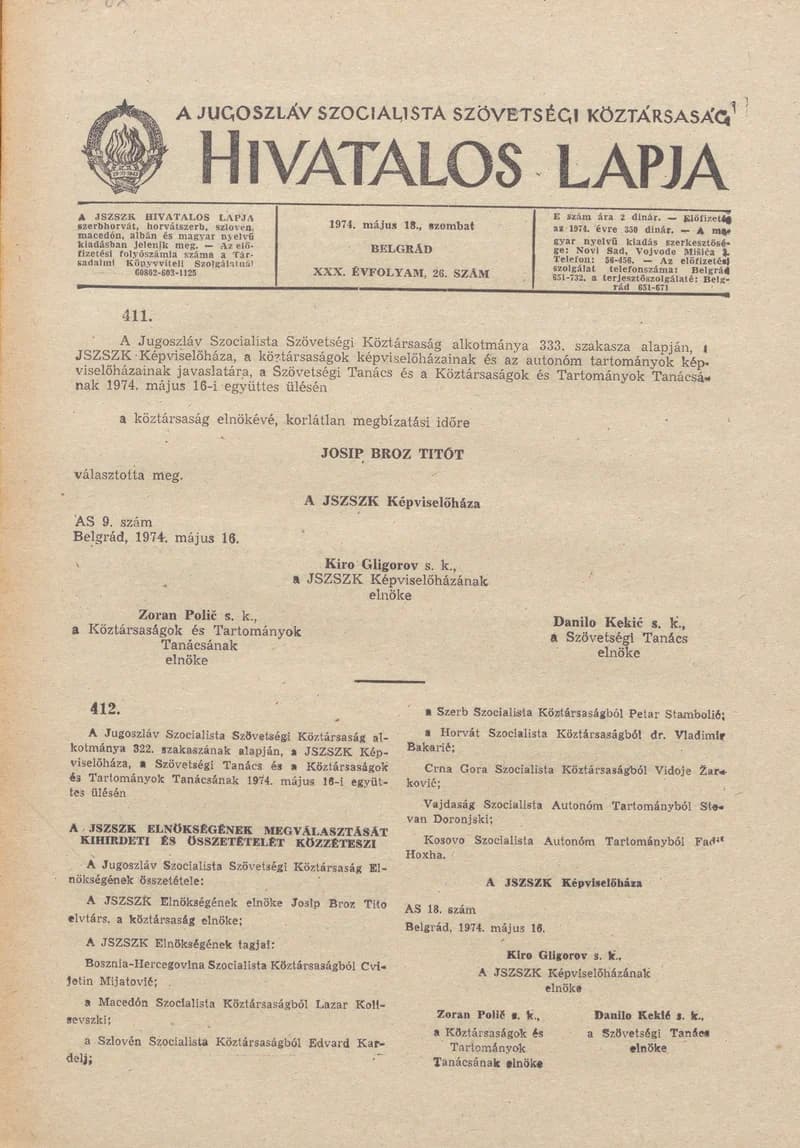 A Jugoszláv Szocialista Szövetségi Köztársaság Hivatalos Lapja, 30. évf. 1974. május 18. 26. sz. 849–856. oldal