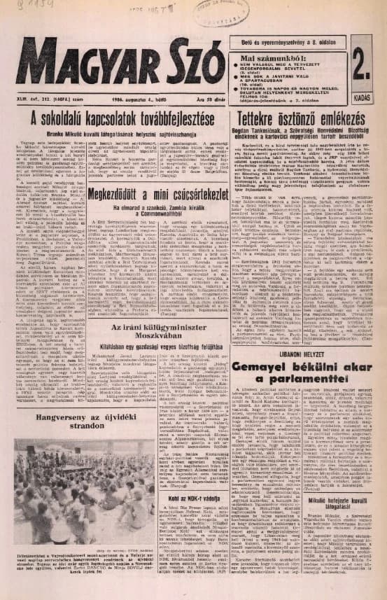 Magyar Szó, 43. évf. 1986. augusztus 4. 212. sz. 1–16. oldal