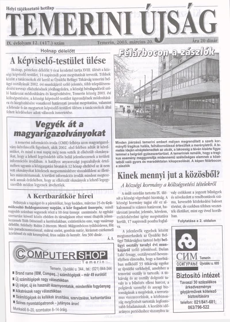 Temerini Újság, 9. évf. 2003. március 20. 12. sz.