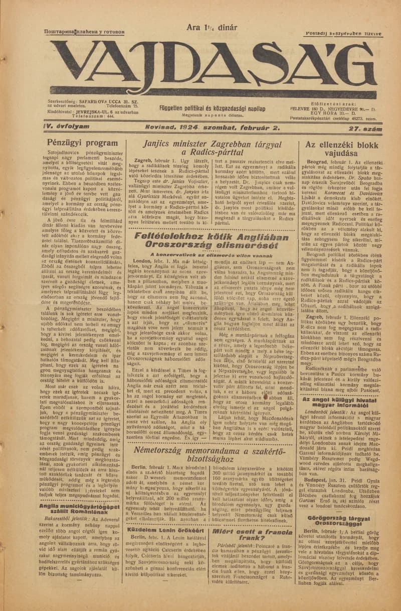 Vajdaság, 4. évf. 1924. február 2. 27. sz.
