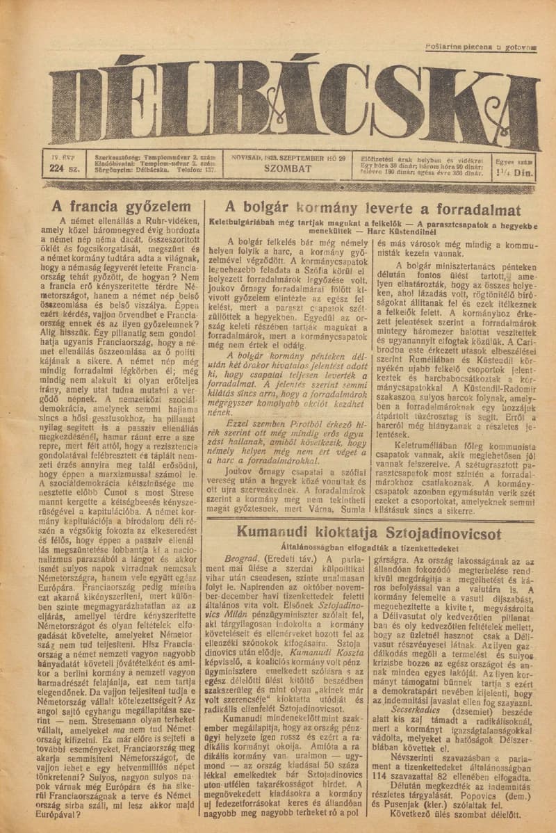 Délbácska, 4. évf. 1923. szeptember 29. 224. sz.