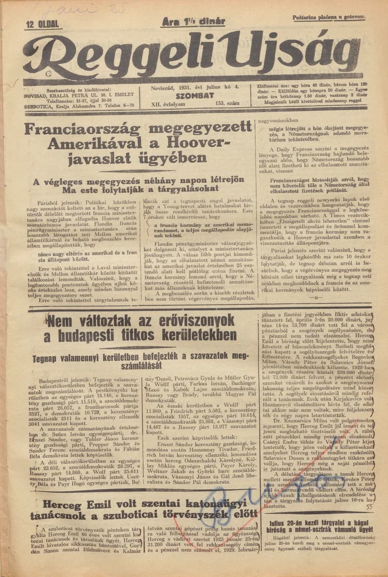 Reggeli Újság, 12. évf. 1931. július 4. 153. sz.