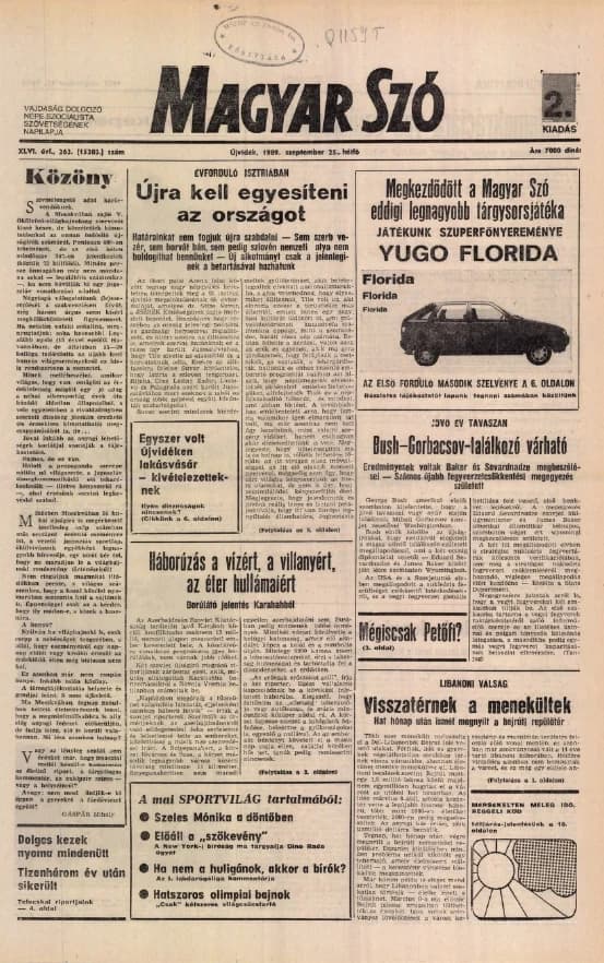 Magyar Szó, 46. évf. 1989. szeptember 25. 263. sz. 1–20. oldal