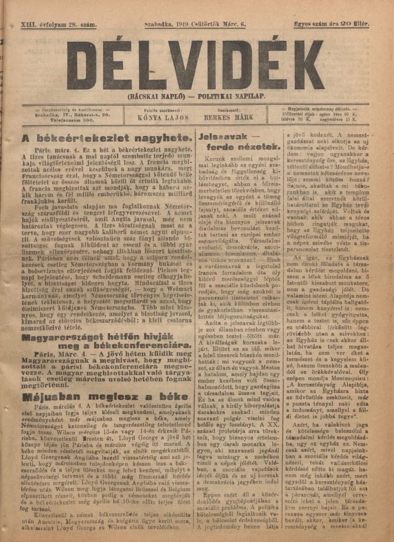Délvidék, 13. évf. 1919. március 6. 29. sz.