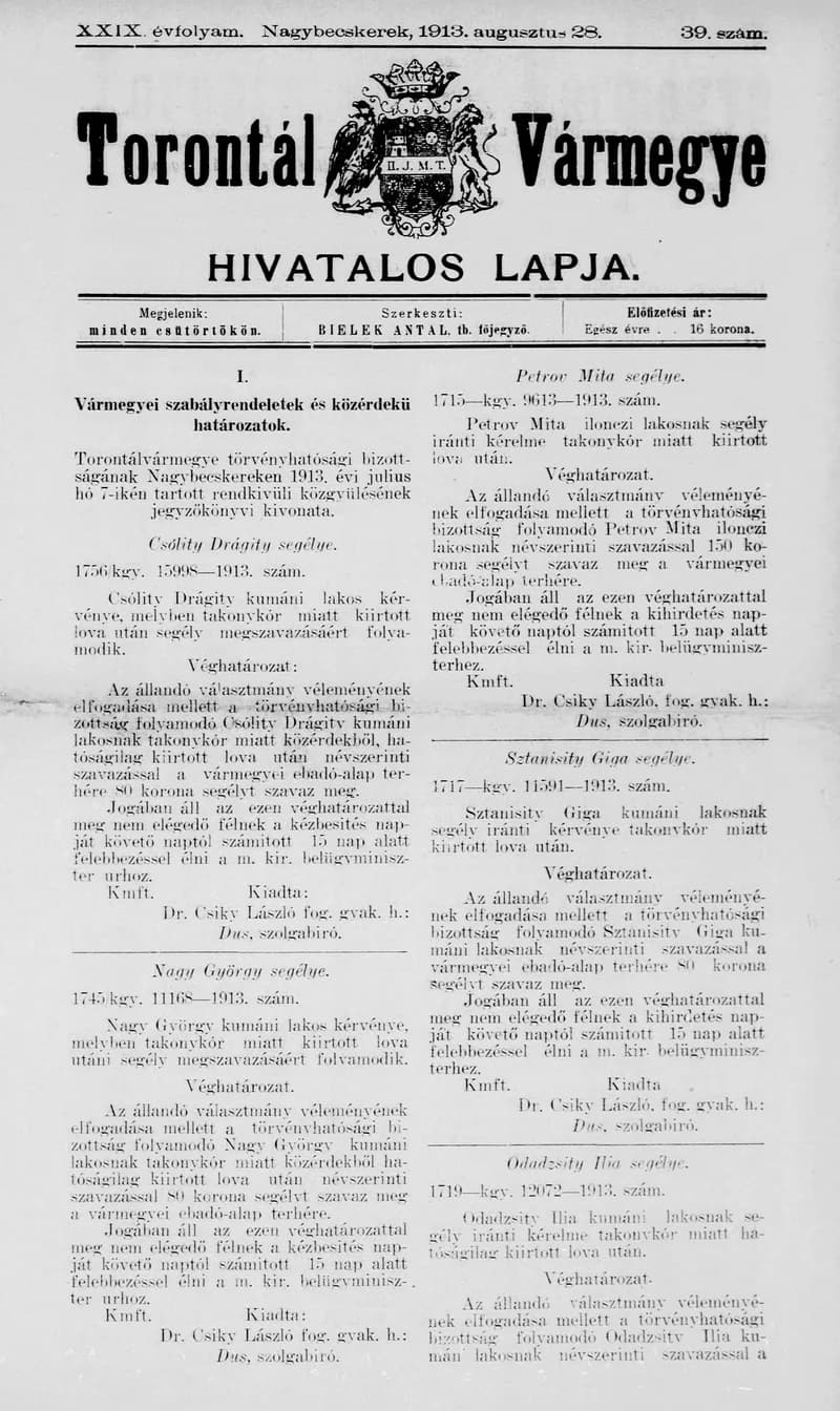 Torontál Vármegye Hivatalos Lapja, 29. évf. 1913. augusztus 28. 39. sz.
