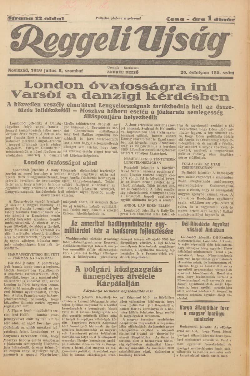 Reggeli Újság, 20. évf. 1939. július 8. 186. sz.