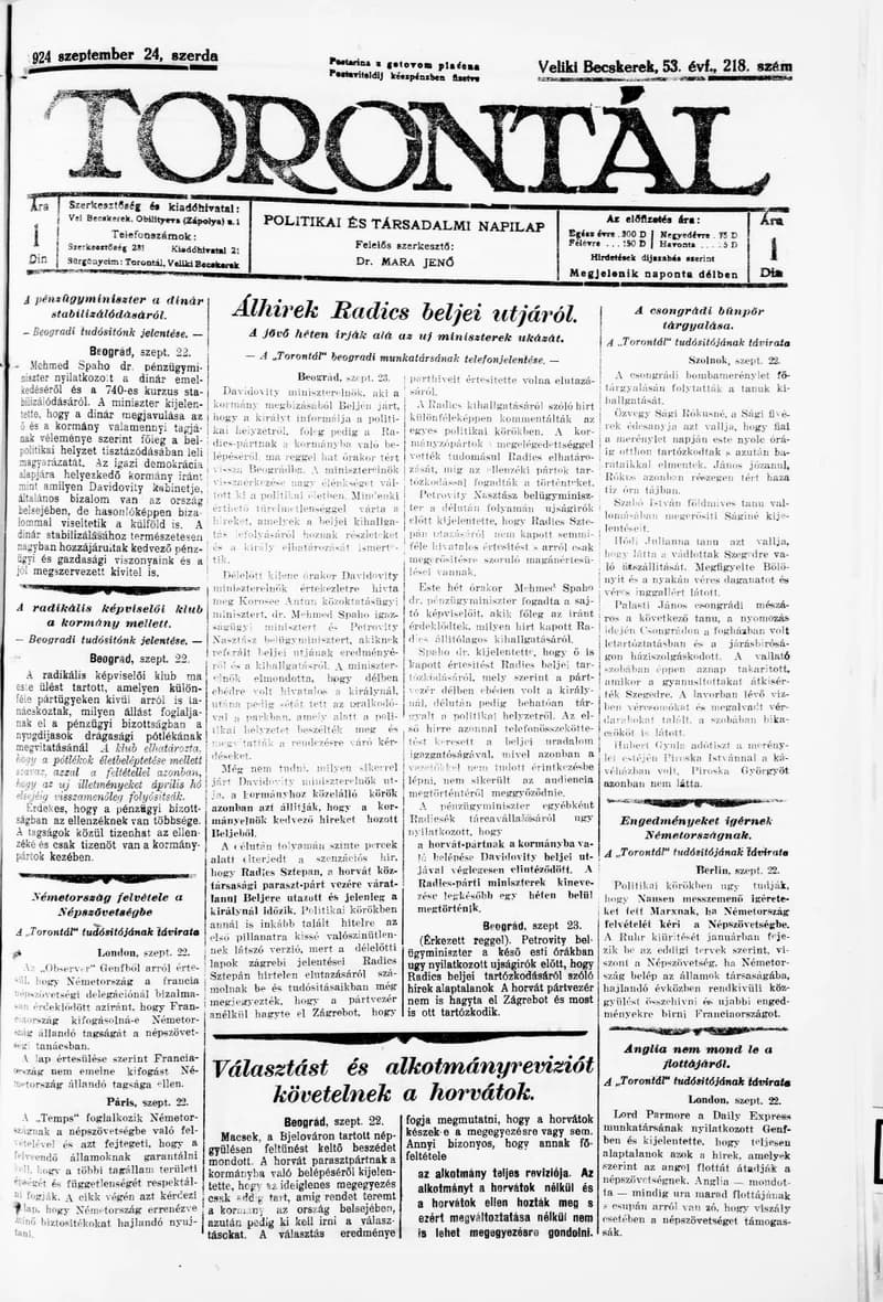 Torontál, 53. évf. 1924. szeptember 24. 218. sz.