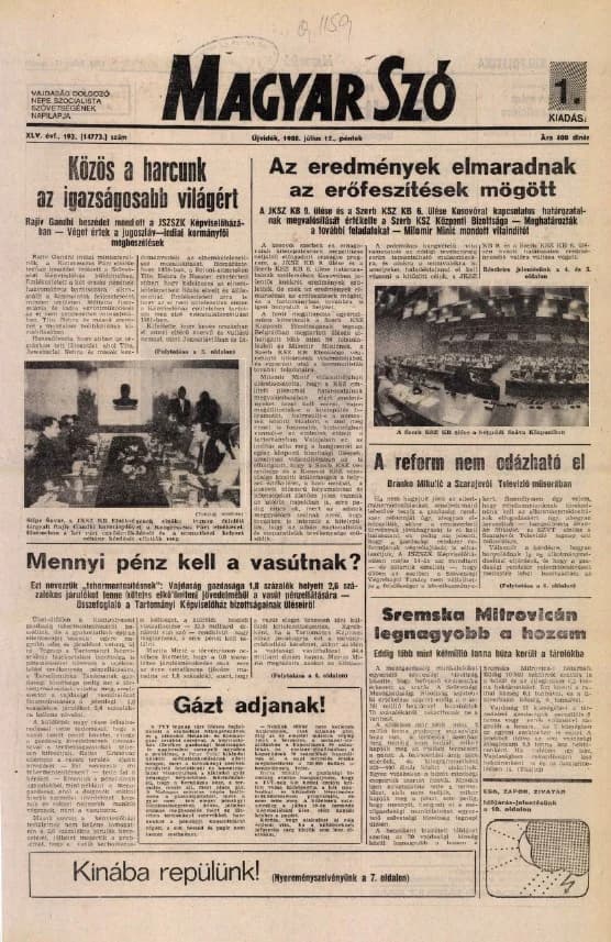 Magyar Szó, 45. évf. 1988. július 15. 193. sz. 1–20. oldal