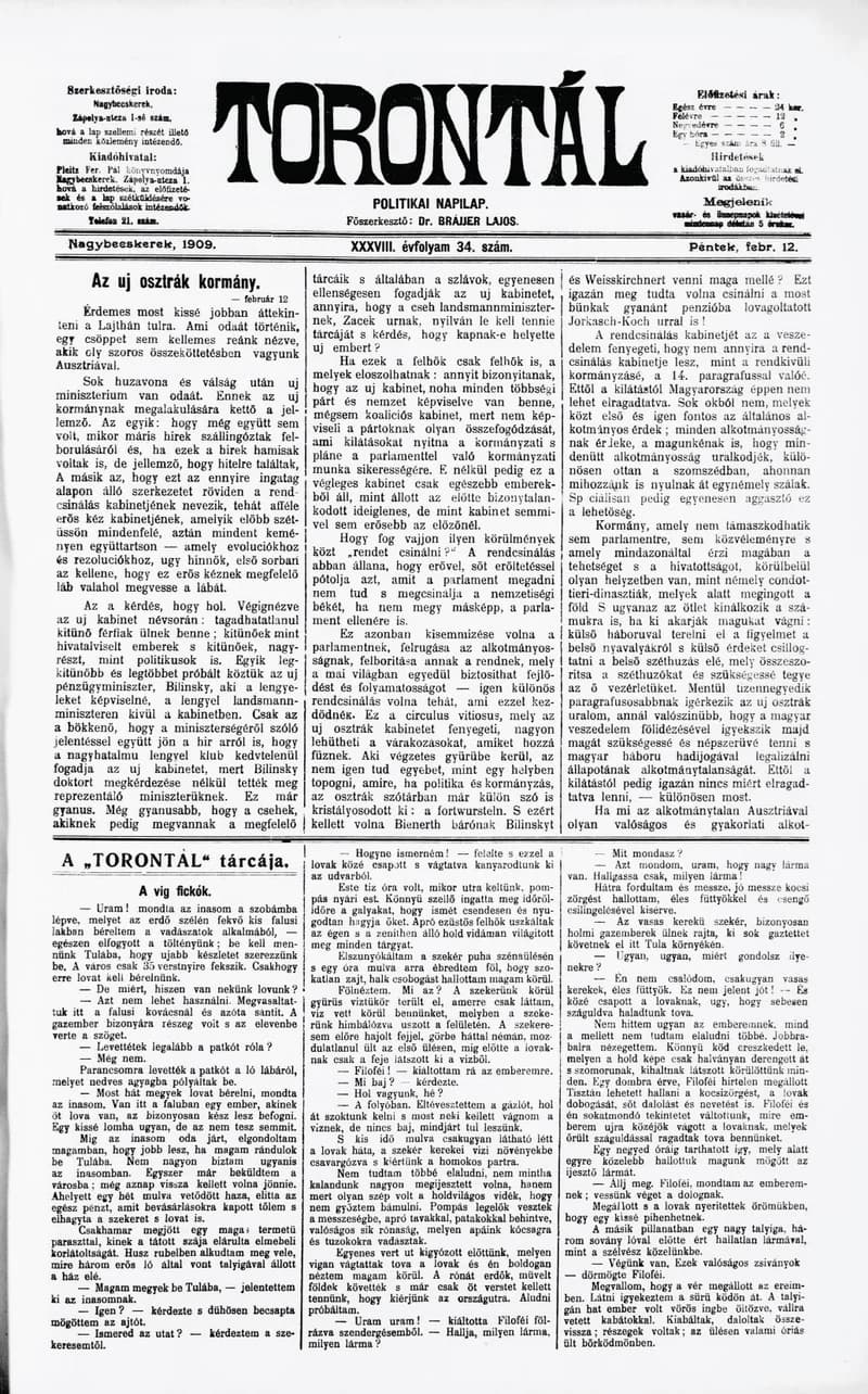 Torontál, 38. évf. 1909. február 12. 34. sz.