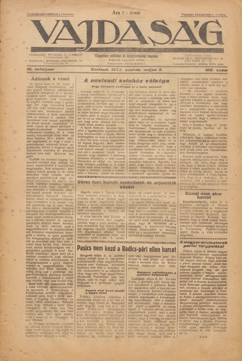 Vajdaság, 3. évf. 1923. május 9. 106. sz.