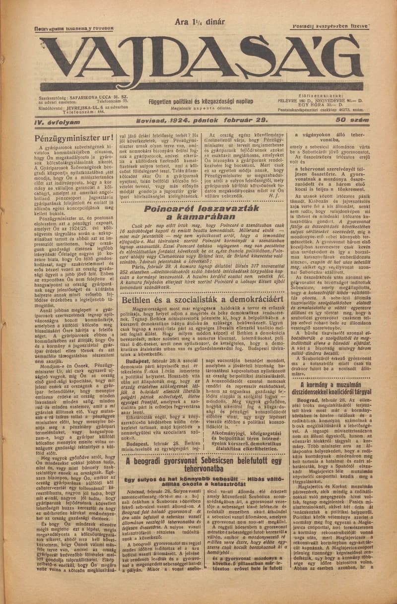 Vajdaság, 4. évf. 1924. február 29. 50. sz.