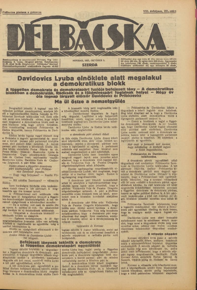Délbácska, 8. évf. 1927. október 5. 231. sz.