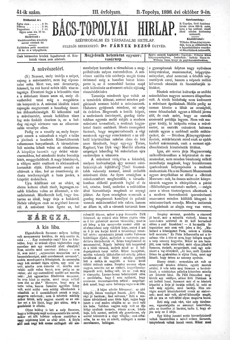 Bács-Topolyai Hirlap, 3. évf. 1898. október 9. 41. sz.