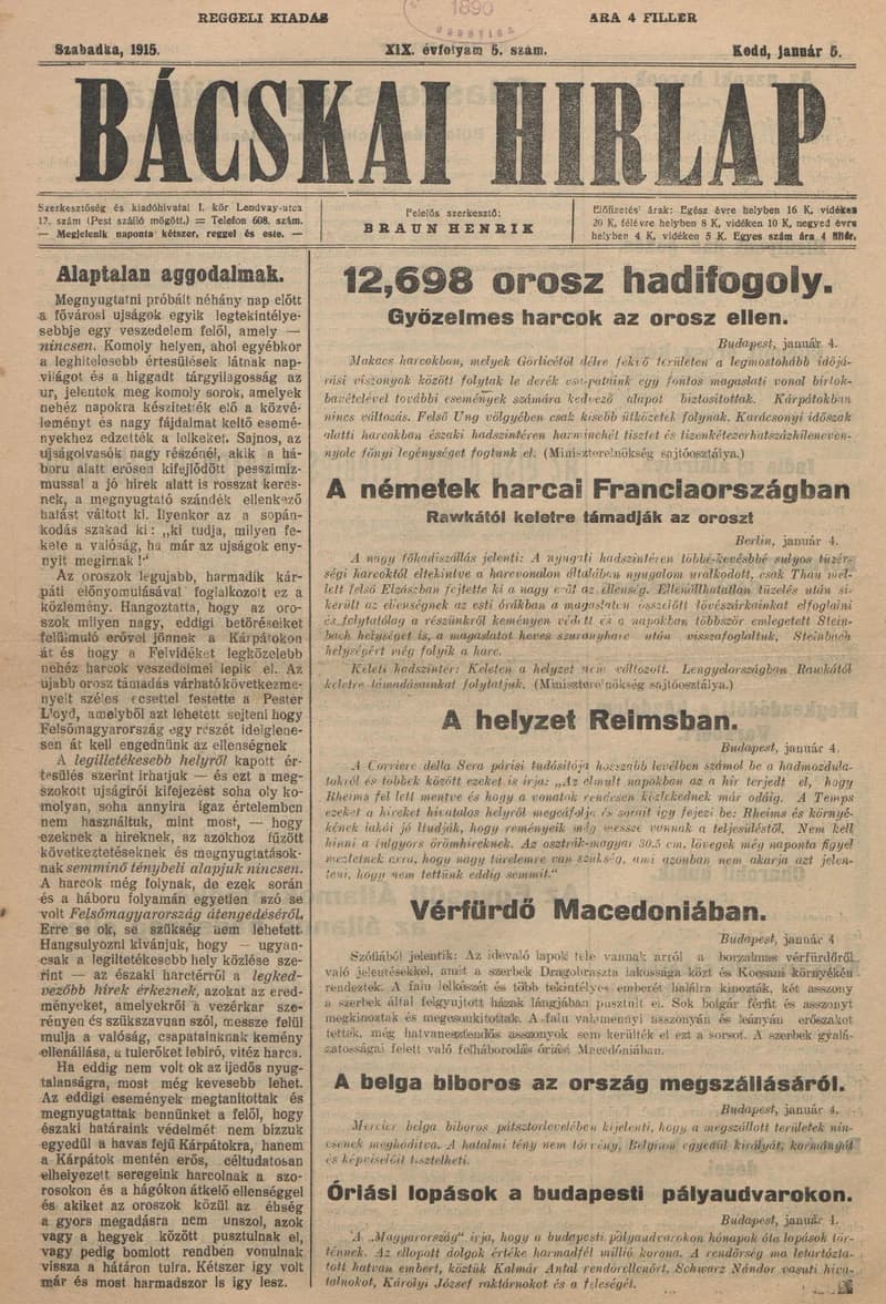 Bácskai Hirlap, 19. évf. 1915. január 5. 5. sz.
