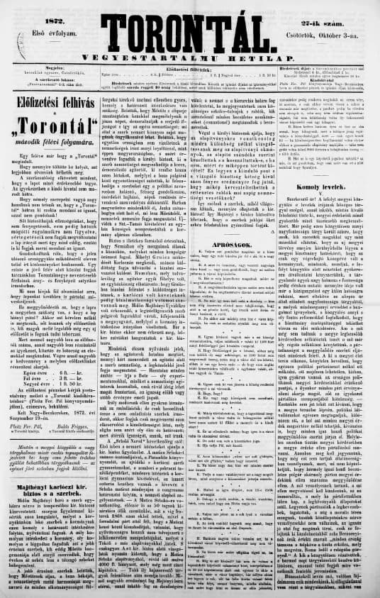 Torontál, 1. évf. 1872. október 3. 27. sz.