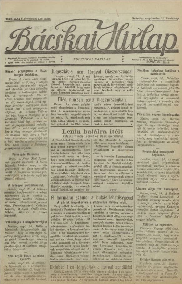 Bácskai Hirlap, 24. évf. 1920. szeptember 26. 158. sz.