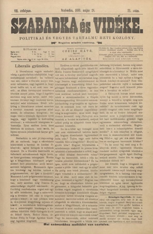 Szabadka és vidéke II, 7. évf. 1899. május 28. 22. sz.