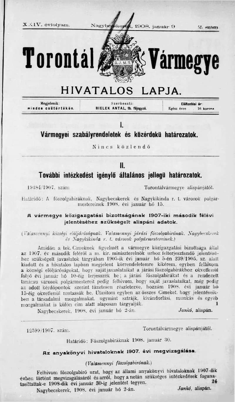Torontál Vármegye Hivatalos Lapja, 24. évf. 1908. január 9. 2. sz.