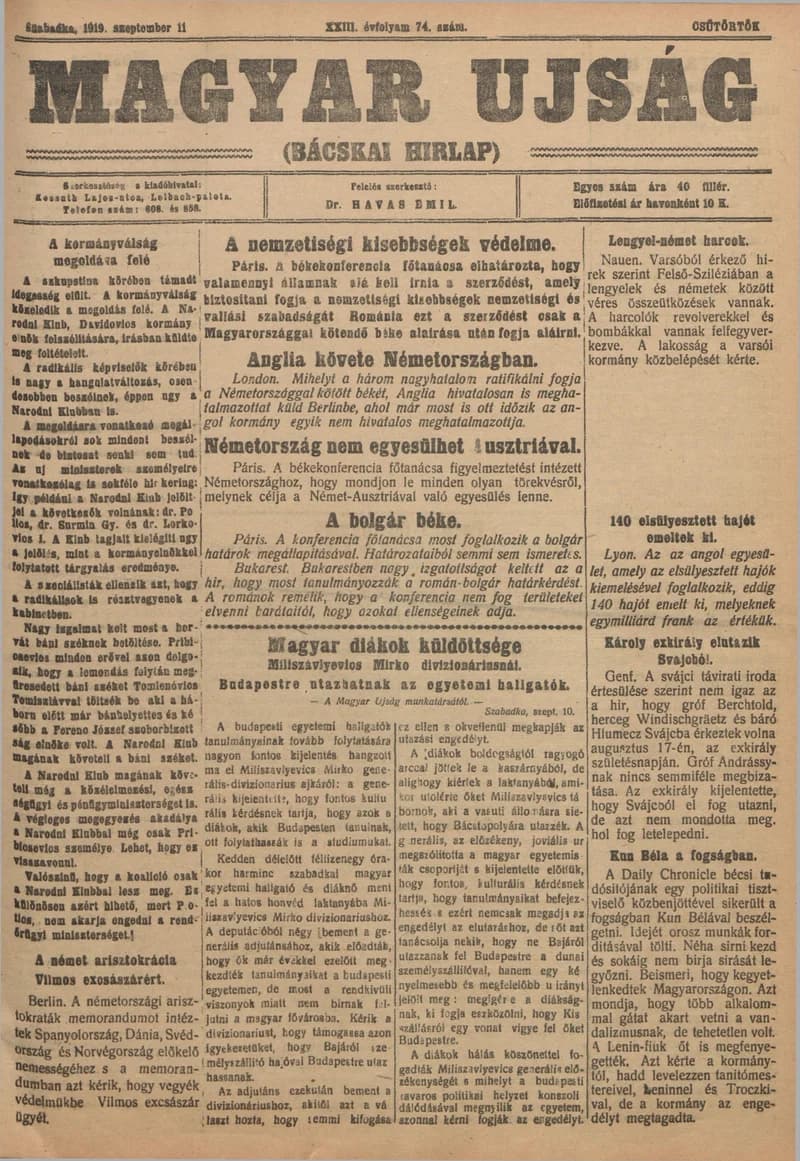 Bácskai Hirlap, 23. évf. 1919. szeptember 11. 74. sz.