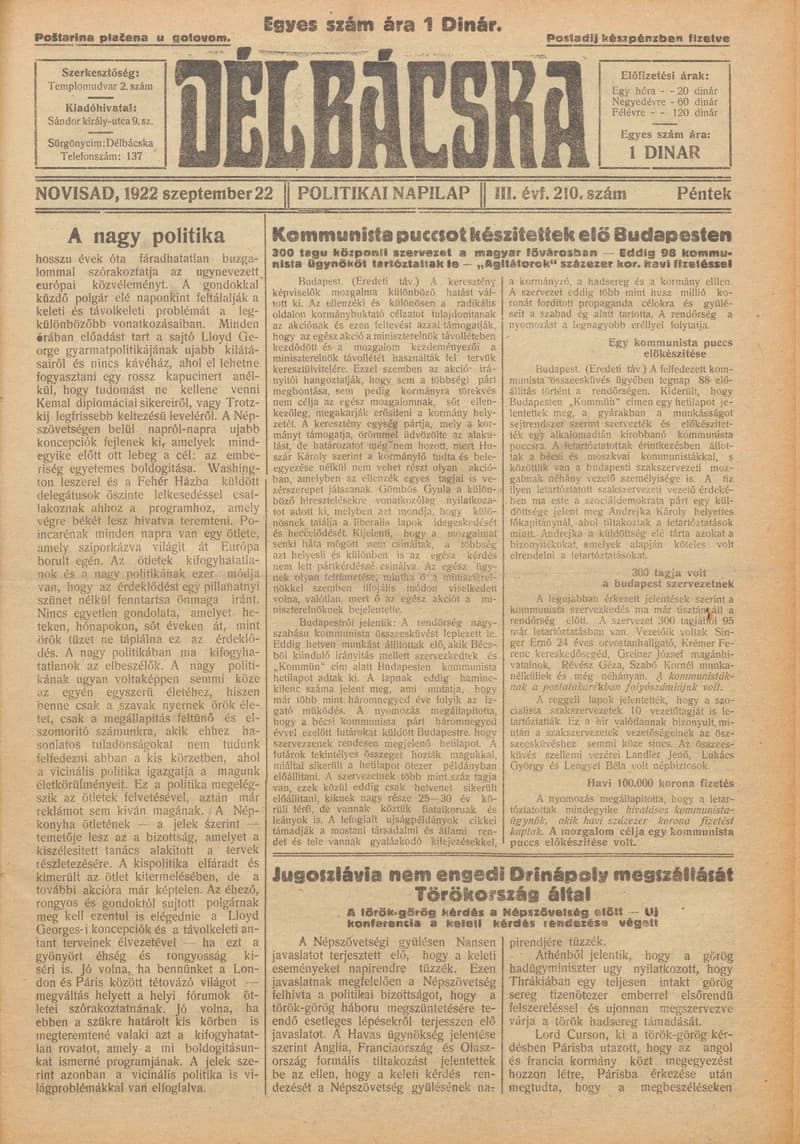 Délbácska, 3. évf. 1922. szeptember 23. 211. sz.