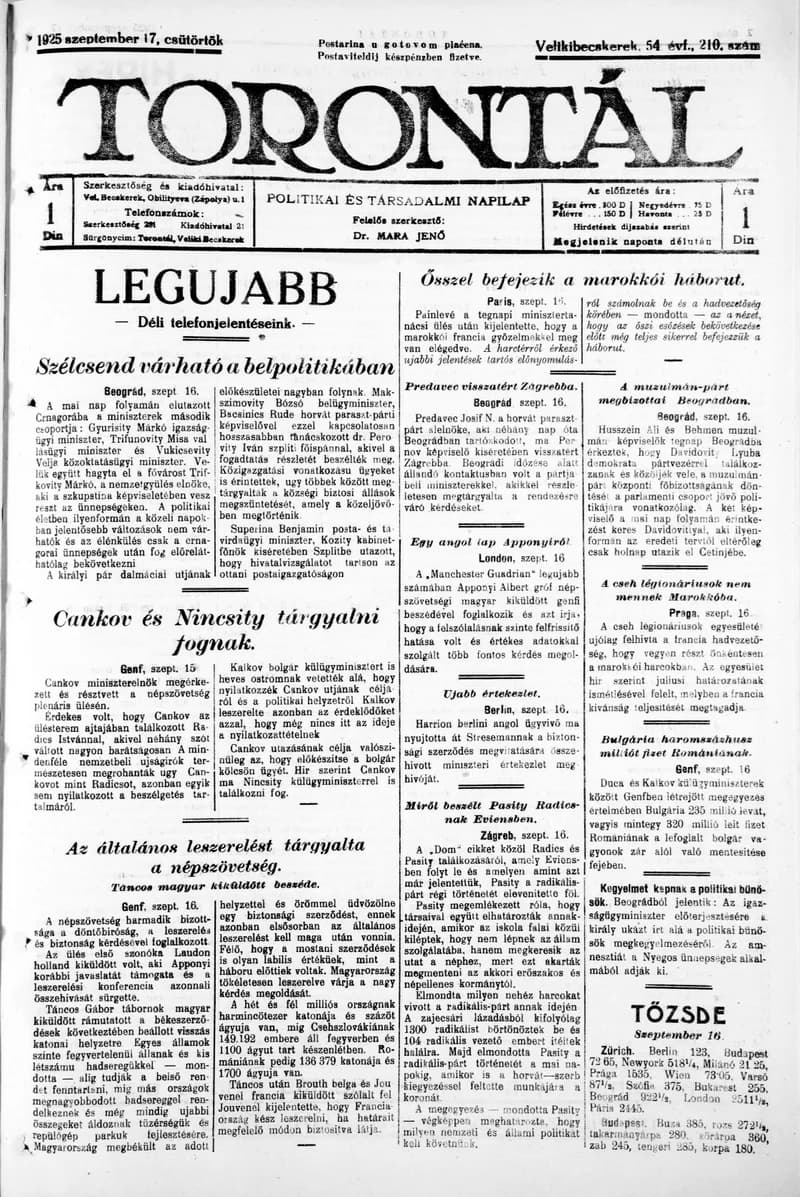 Torontál, 54. évf. 1925. szeptember 17. 210. sz.