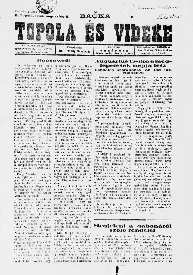 Bačka Topola és Vidéke, 10. évf. 1933. augusztus 6. 32. sz.