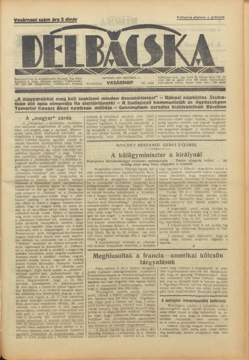 Délbácska, 6. évf. 1925. október 4. 230. sz.