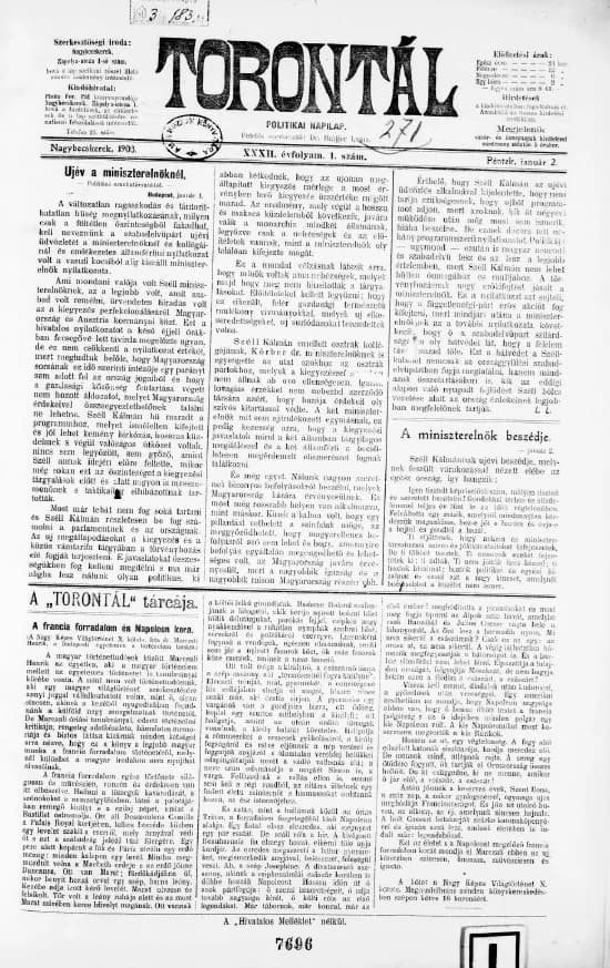 Torontál, 32. évf. 1903. január 2. 1. sz.