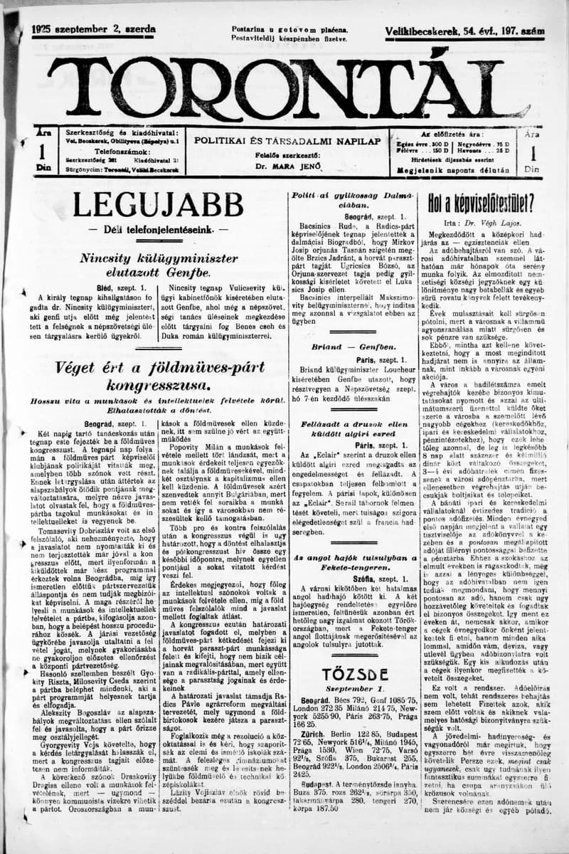 Torontál, 54. évf. 1925. szeptember 2. 197. sz.