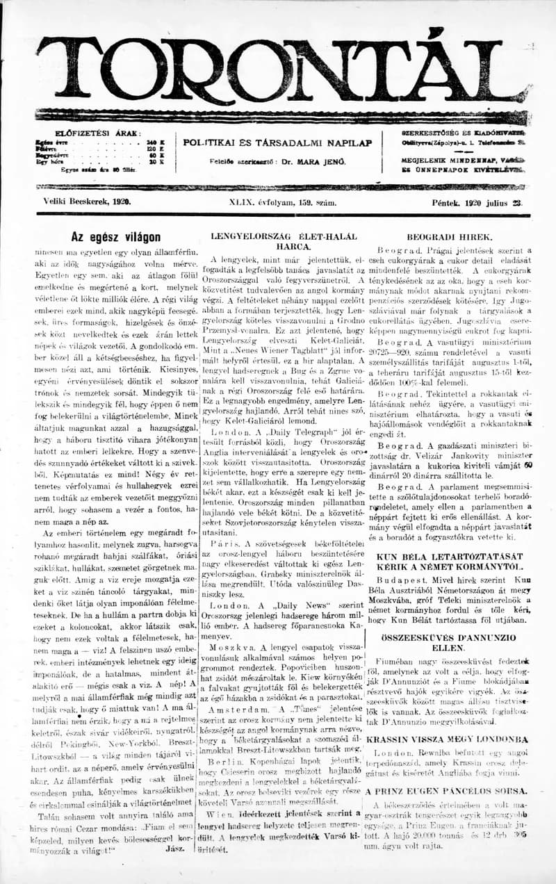 Torontál, 49. évf. 1920. július 23. 159. sz.
