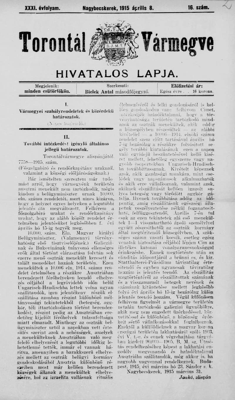 Torontál Vármegye Hivatalos Lapja, 31. évf. 1915. április 8. 16. sz.