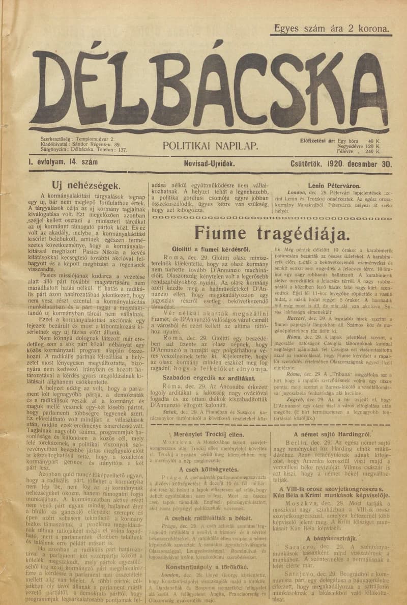 Délbácska, 1. évf. 1920. december 30. 14. sz.