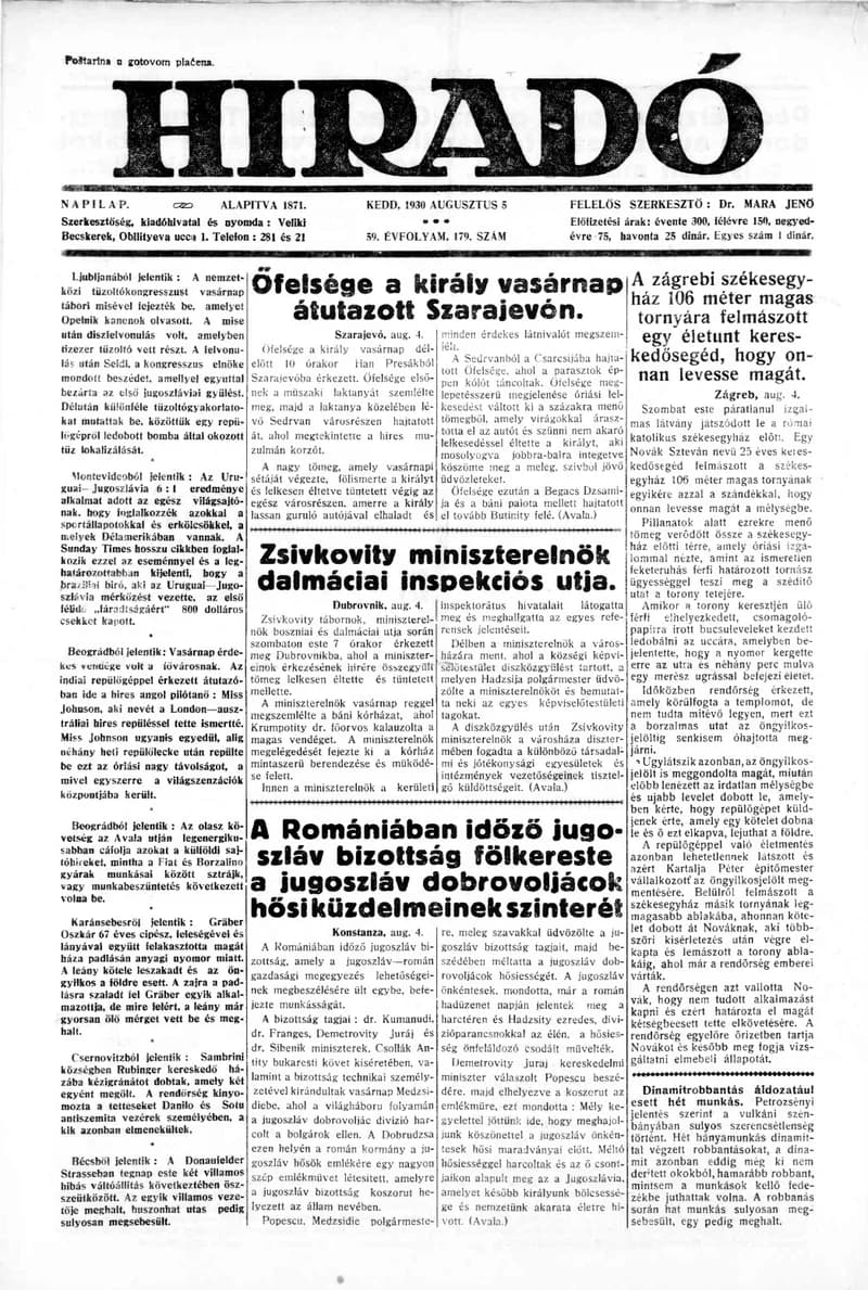 Híradó, 59. évf. 1930. augusztus 5. 179. sz.