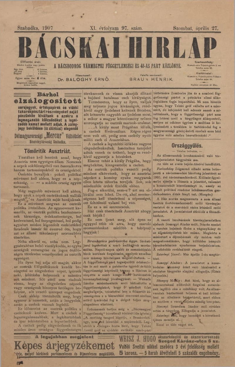 Bácskai Hirlap, 11. évf. 1907. április 27. 97. sz.