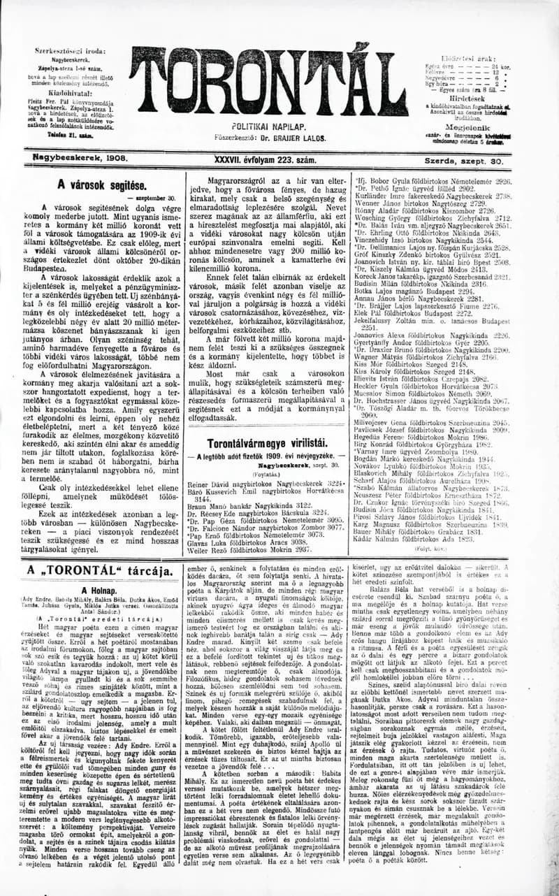 Torontál, 37. évf. 1908. szeptember 30. 223. sz.