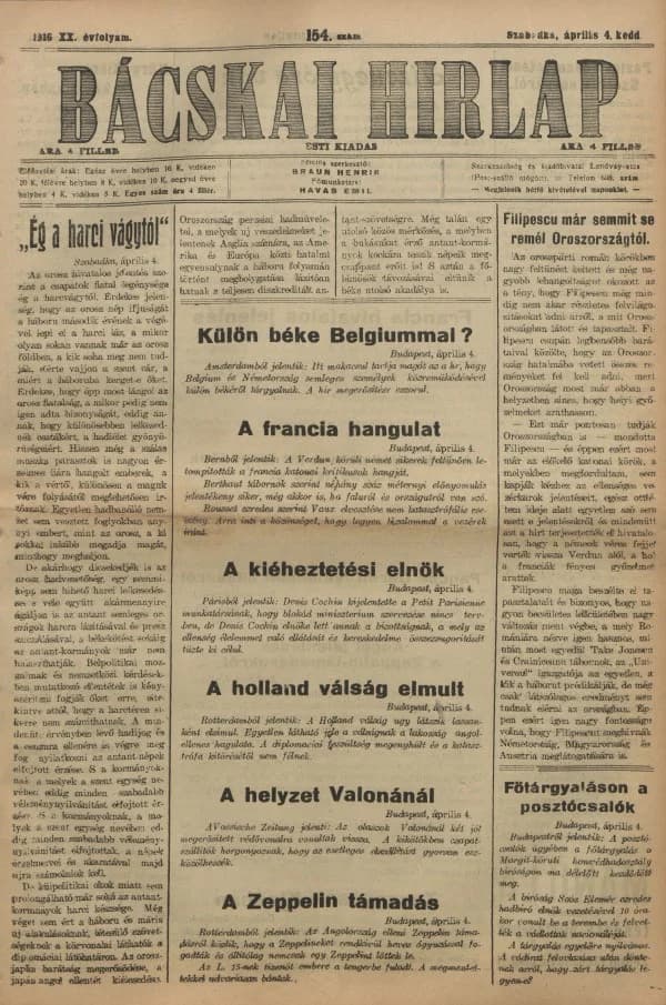 Bácskai Hirlap, 20. évf. 1916. április 4. 154. sz.
