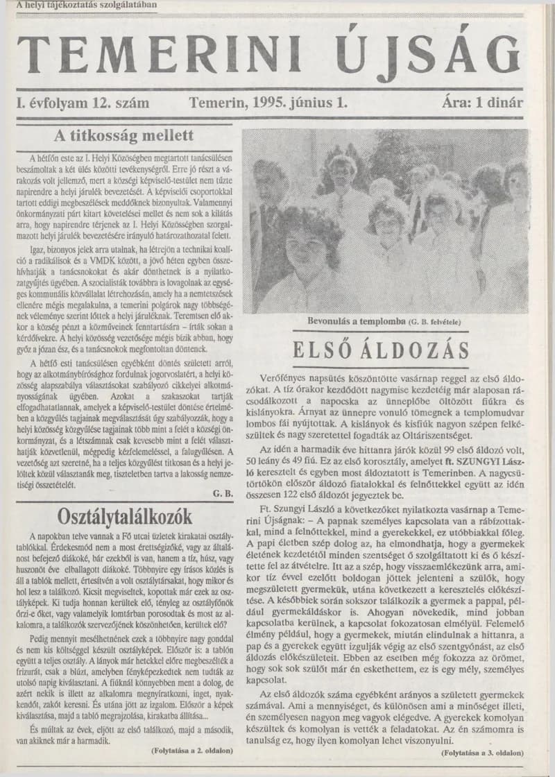 Temerini Újság, 1. évf. 1995. július 1. 12. sz.