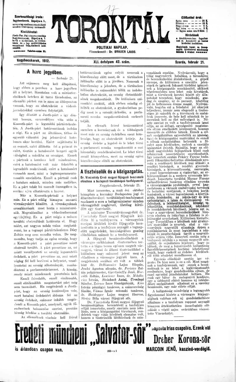 Torontál, 41. évf. 1912. február 21. 42. sz.