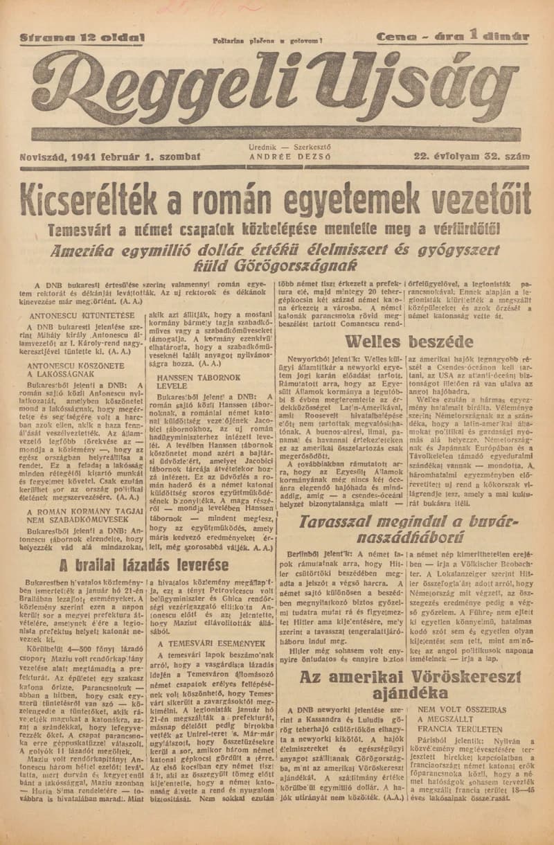 Reggeli Újság, 22. évf. 1941. február 1. 32. sz.