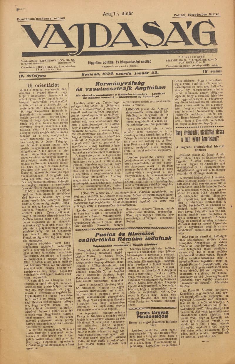 Vajdaság, 4. évf. 1924. január 23. 18. sz.