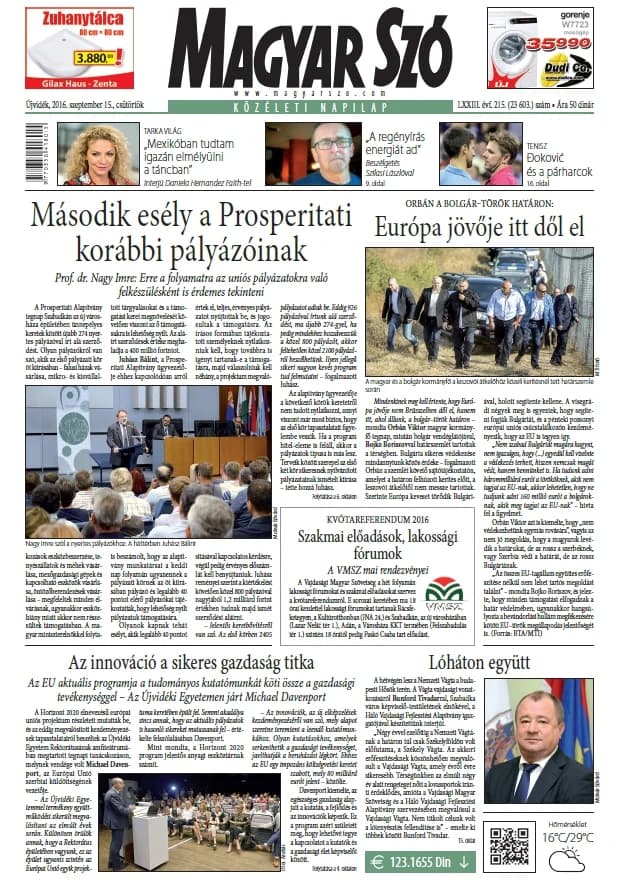 Magyar Szó, 73. évf. 2016. szeptember 15. 215. sz. 1–20. oldal
