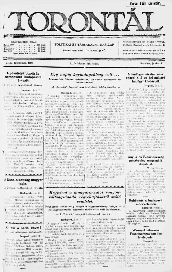 Torontál, 50. évf. 1921. június 4. 119. sz.