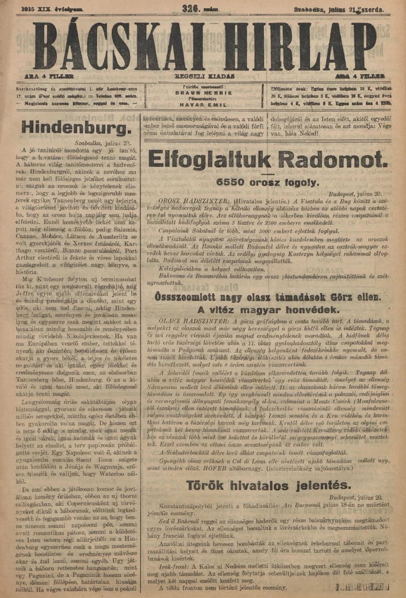 Bácskai Hirlap, 19. évf. 1915. július 21. 326. sz.