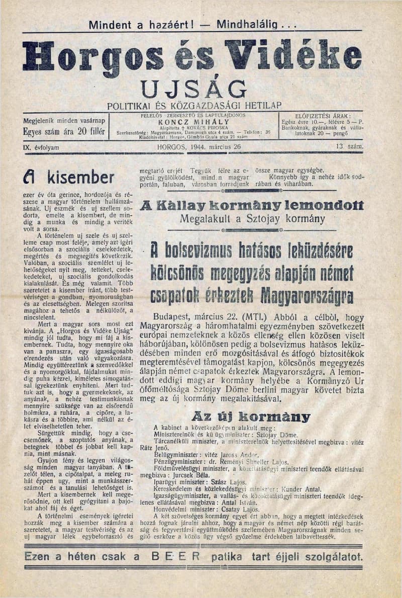 Horgos és vidéke, 9. évf. 1944. március 26. 13. sz.